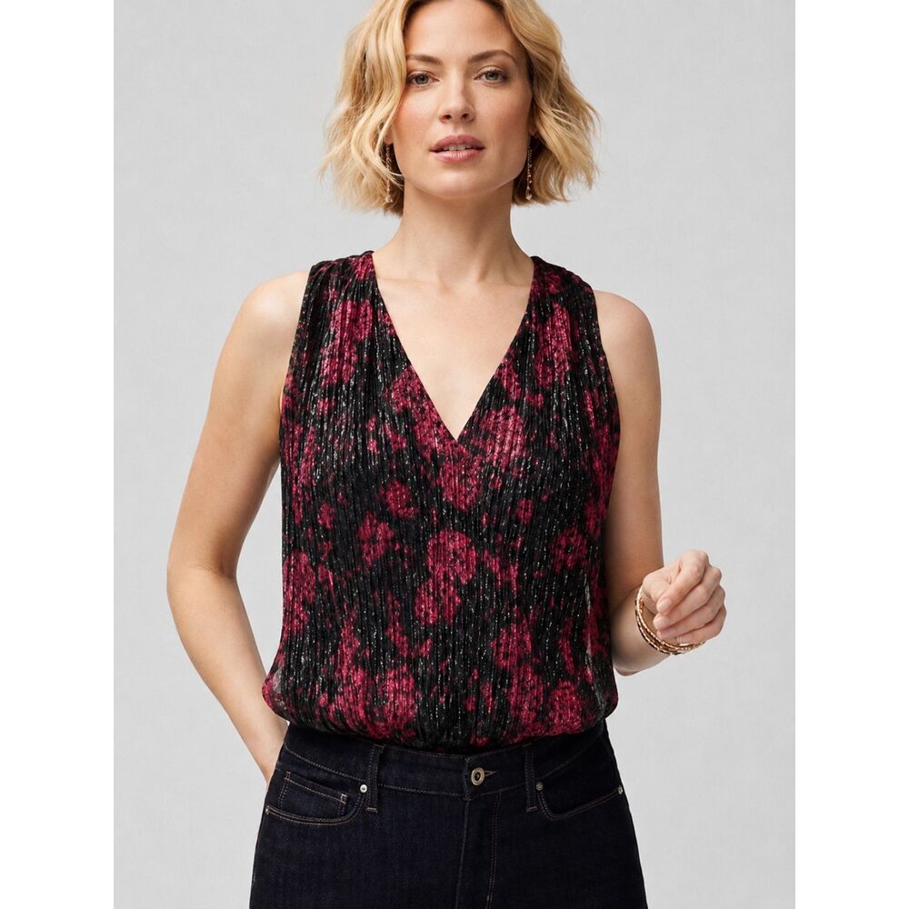 WHBM Pleated Shimmer Floral Sleeveless Blouse Top Size Small **